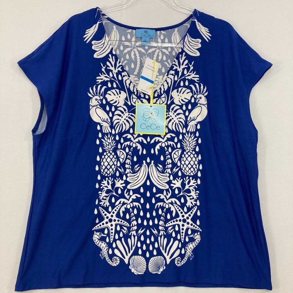 New CeCe size XL Blue White Tropical Print V Neck Stretch Knit Blouse Coastal